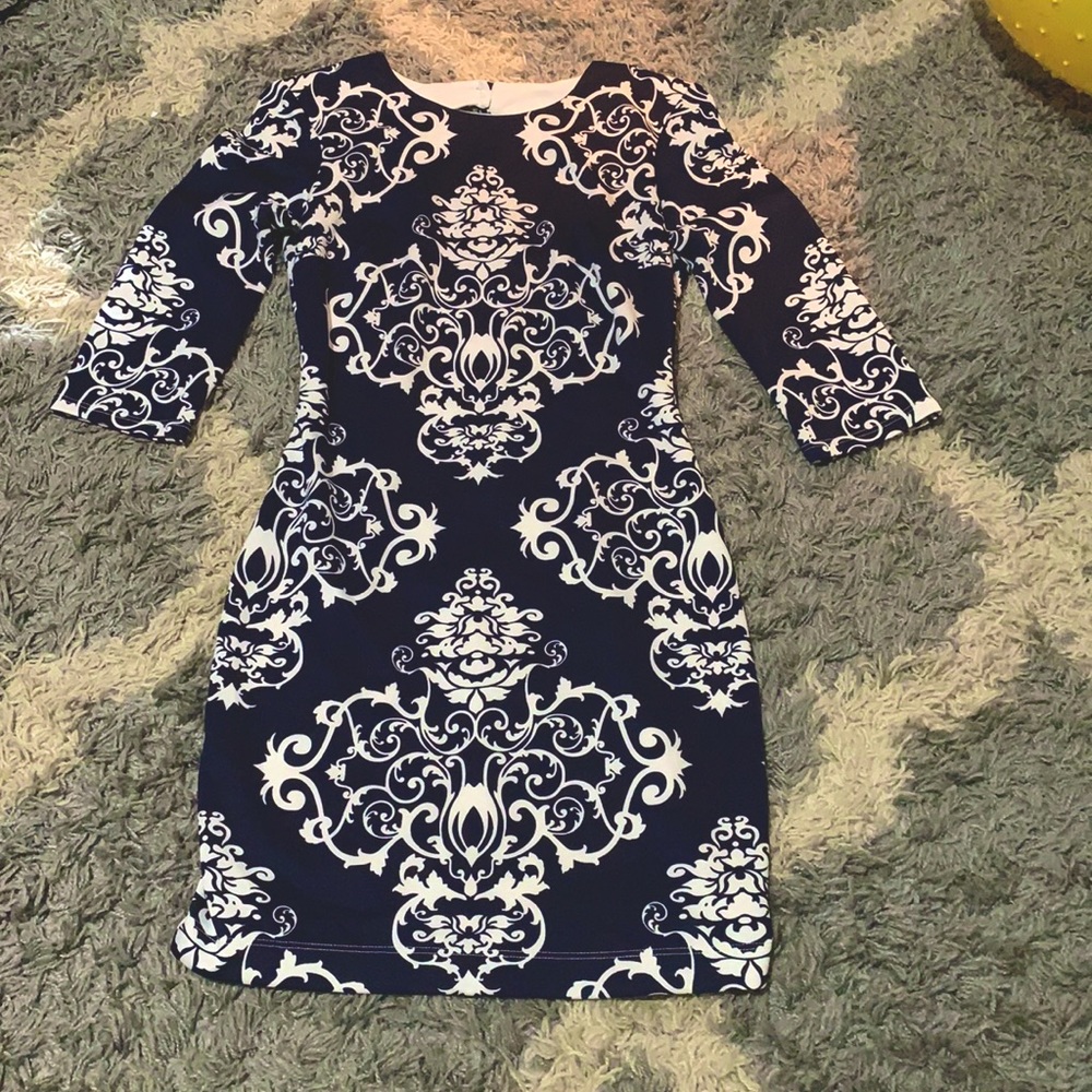 navy blue and white formal dress.